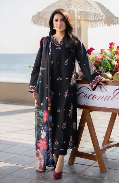3pcs Aiza Black With silk print dupata  lawn