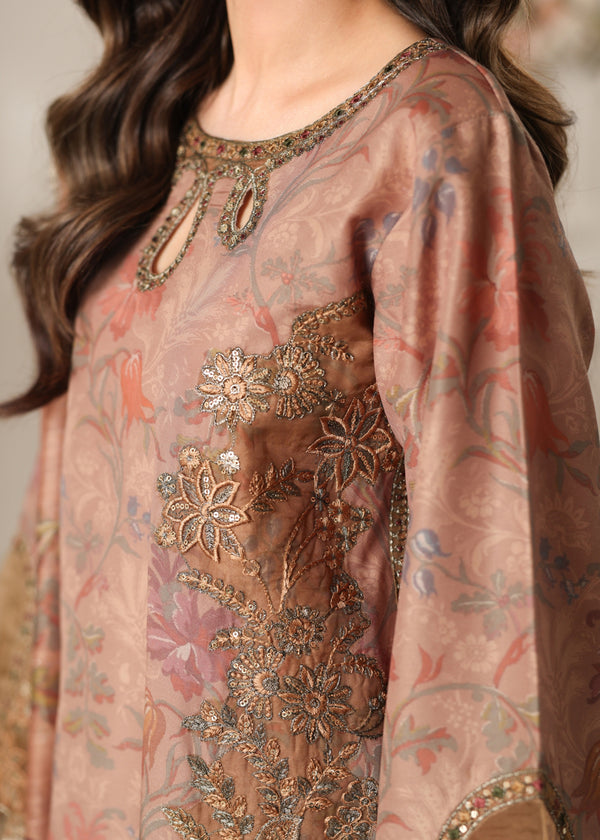 3pcs Baroque Brown Printed Silk With Patches
