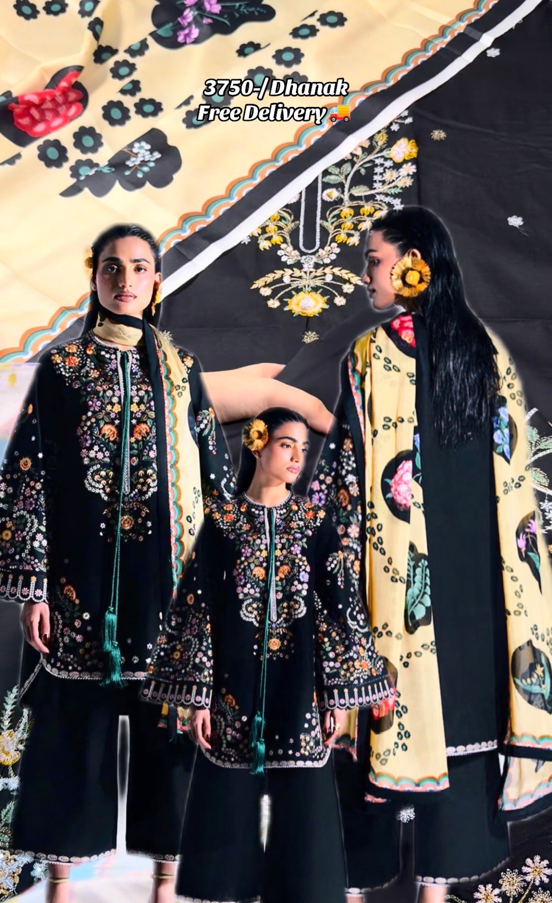 3pcs Dhanak Jugnu Black Multi Embroidered