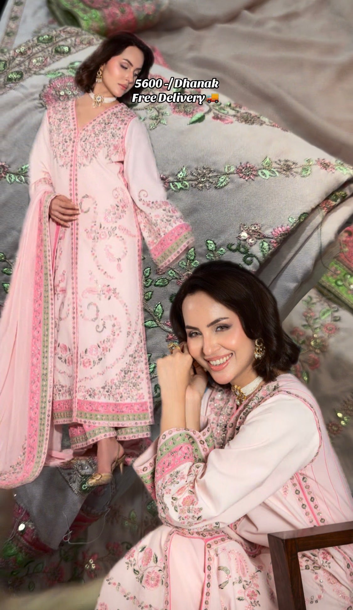3pcs Aneelas Tea Pink Dhanak Embroidered Gown style