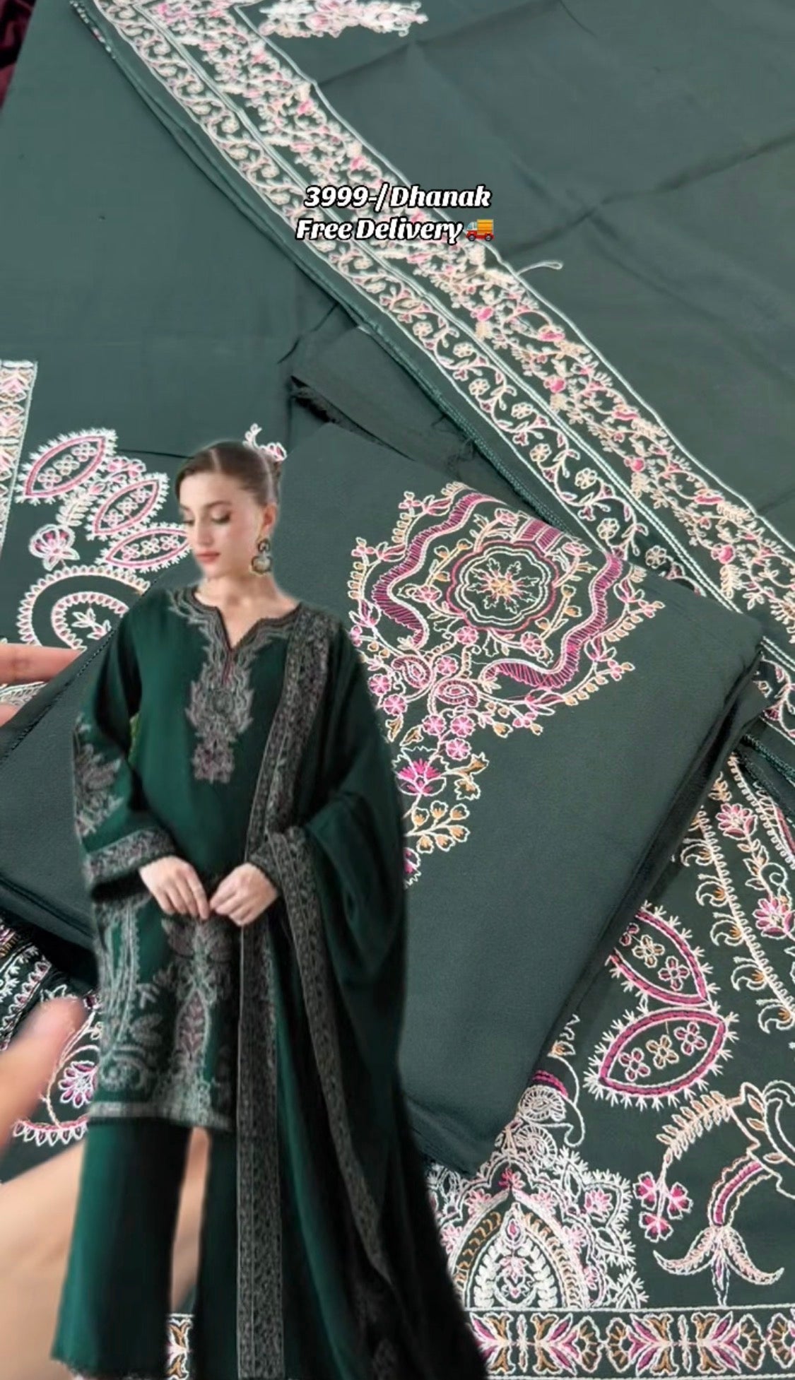 3pcs Dhanak Batik Mongia Green Embroidered
