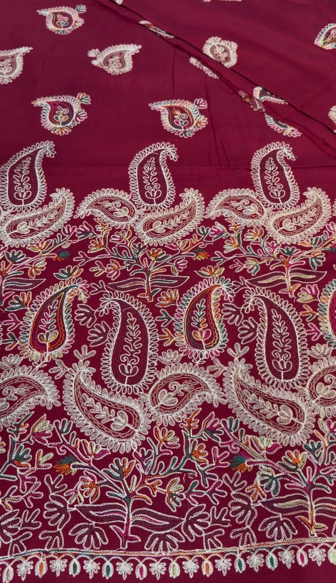 3pcs Mehroon Pashmina With Multi Wool Embroidered