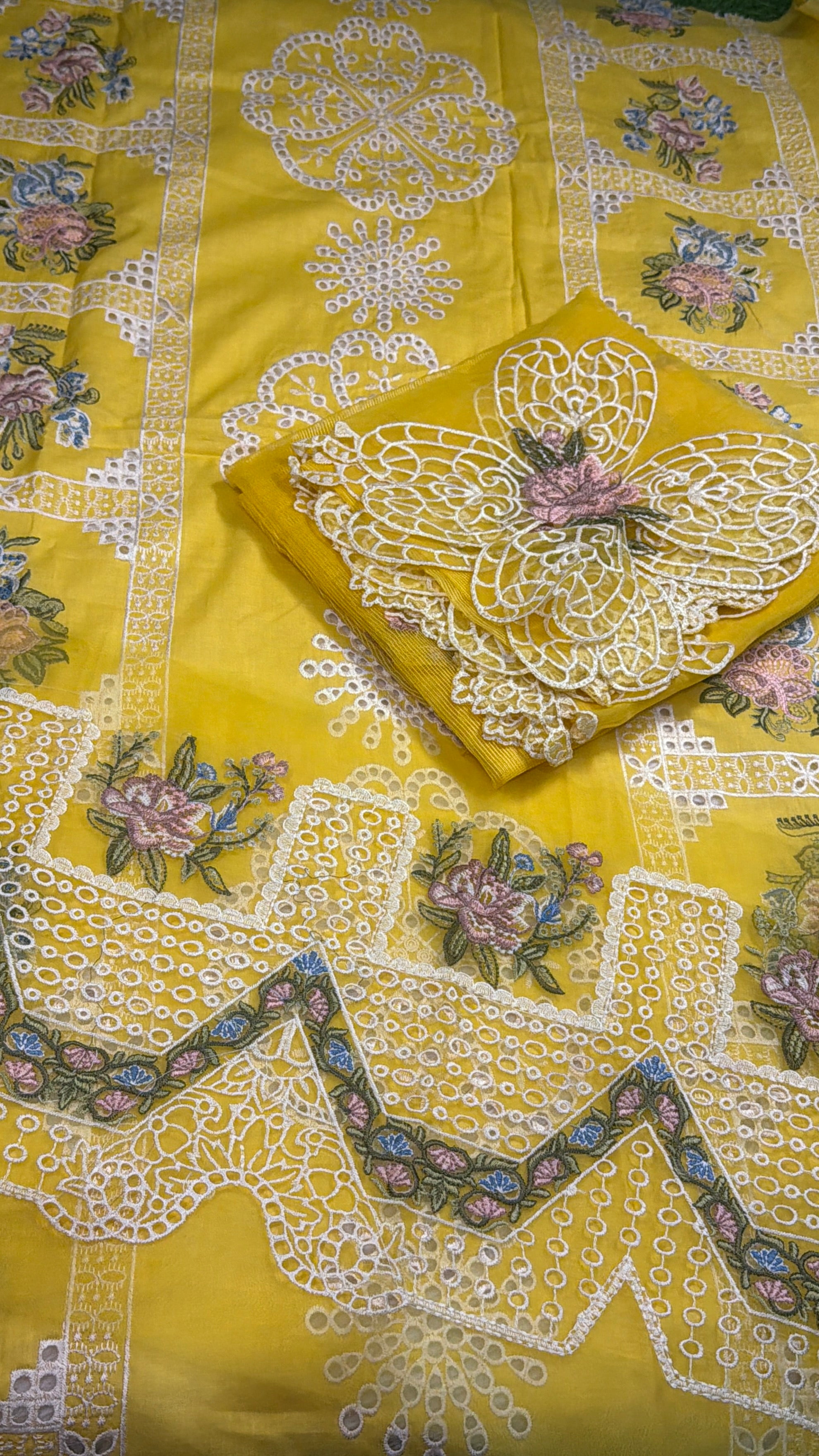 3pcs Mushq Flower Dupata Lemon lawn