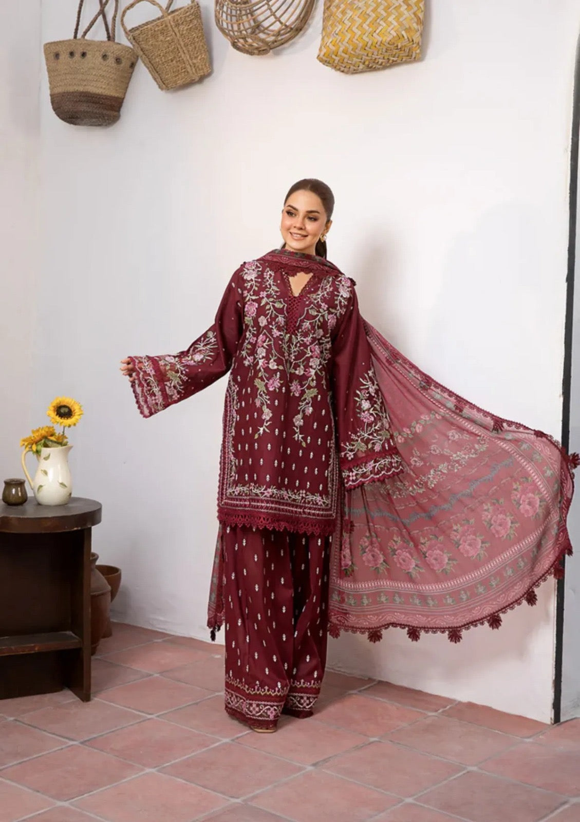 3pcs Sobia Nazir Emb Mehroon slp lawn