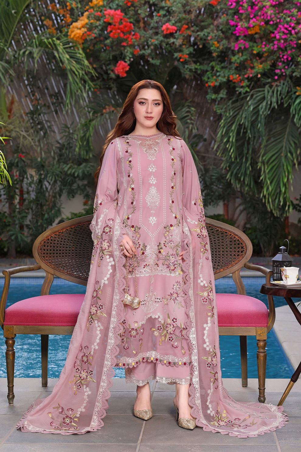 3pcs Aneelas Tea Pink Dhanak Embroidered Applic Dupata