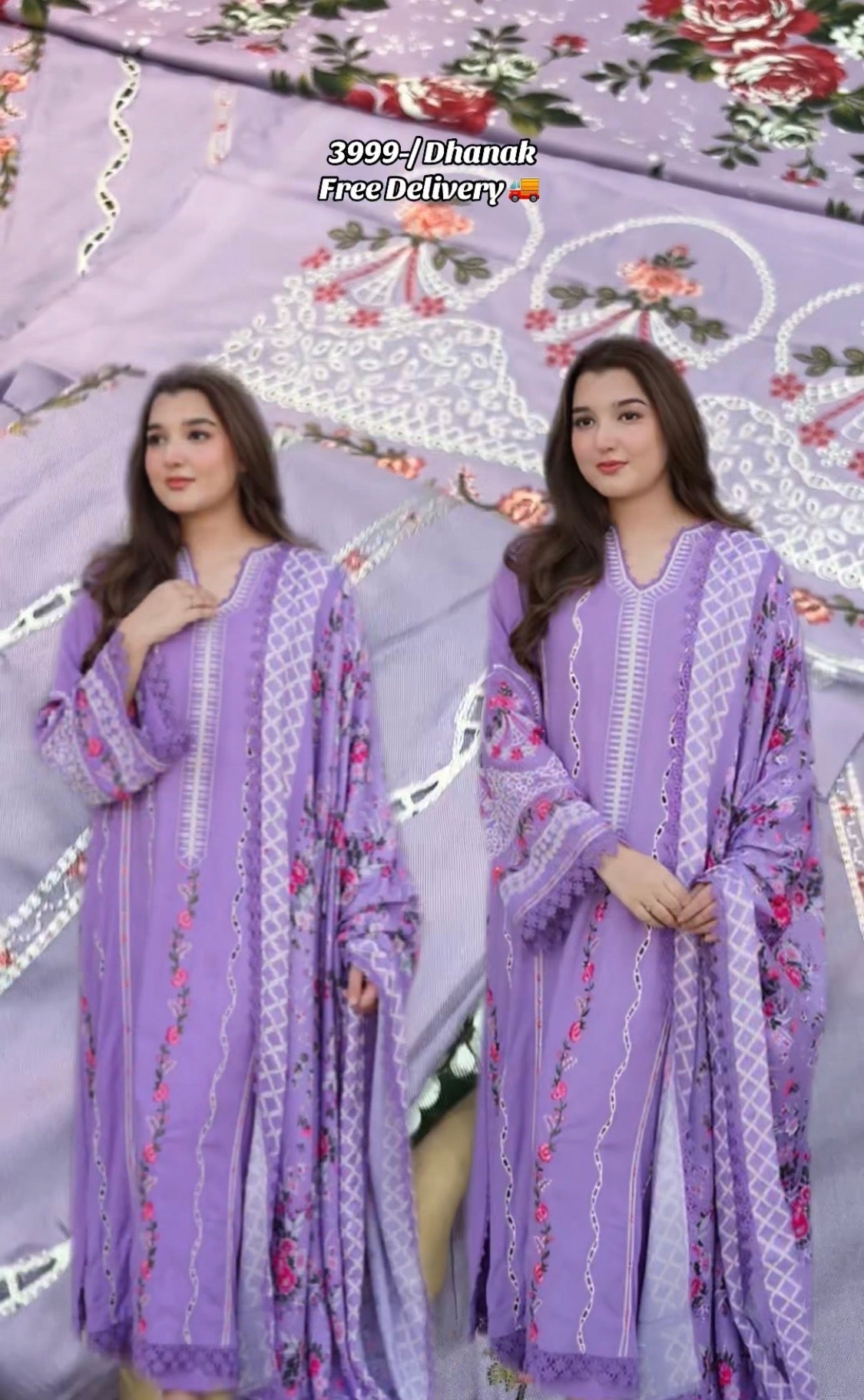 3pcs Dhanak Lilac Aneelas Embroidered