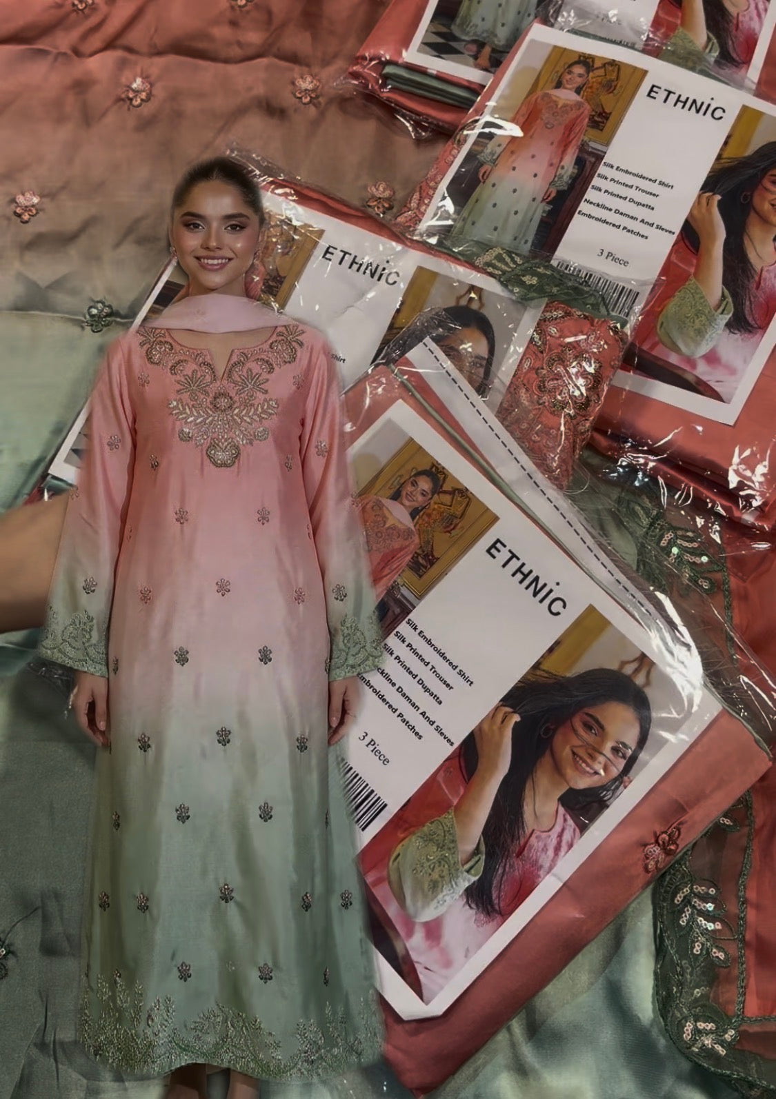 3pcs Ethnic 2tone Embroidered Silk