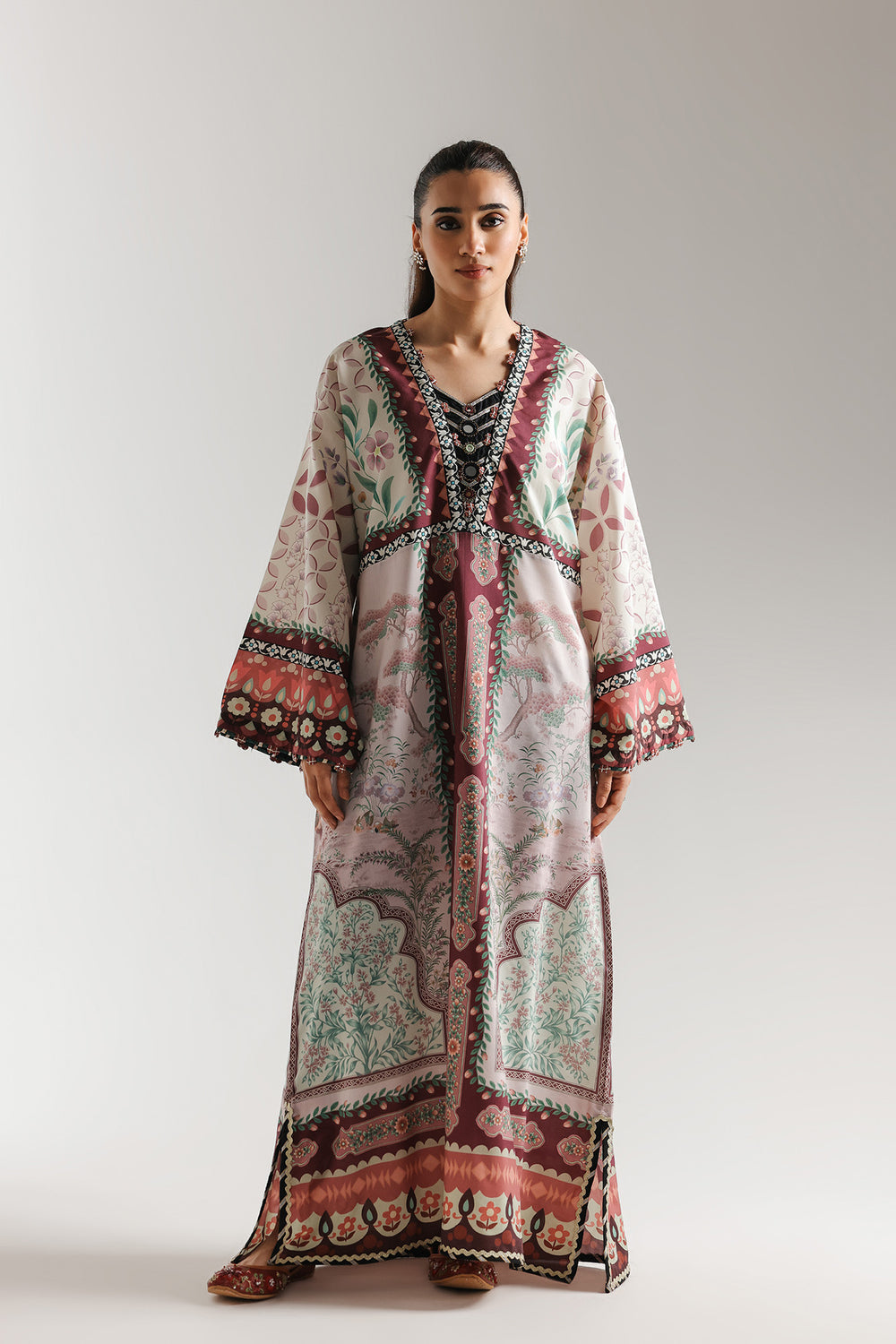 2pcs Ethnic Brown Printed Kaftan Silk