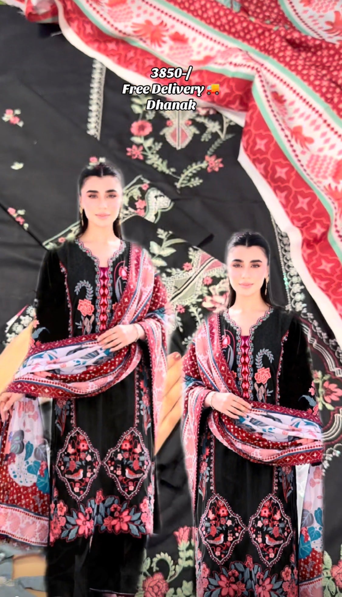 3pcs Dhanak Black Mehroon Zaib