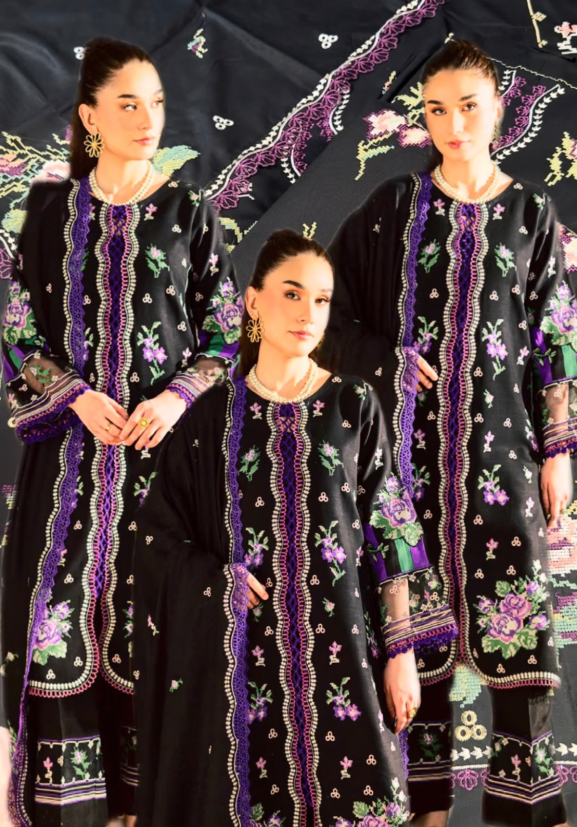 3pcs Mahnur Computerized Embroidery Dhanak