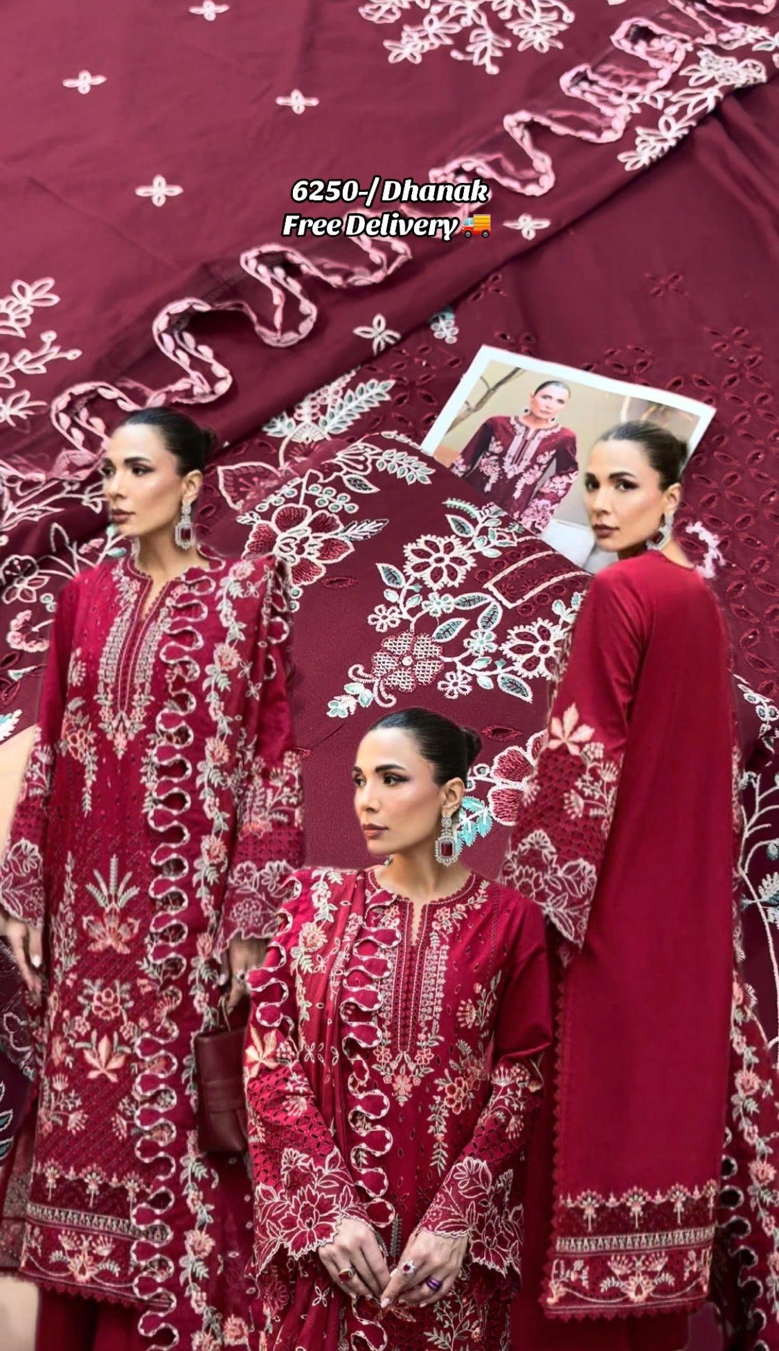 3pcs Dhanak Akbar Aslam Mehroon Embroidered