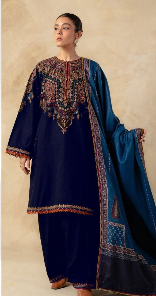 3pcs Zara Shahjhan blue multi Dhanak embroidered