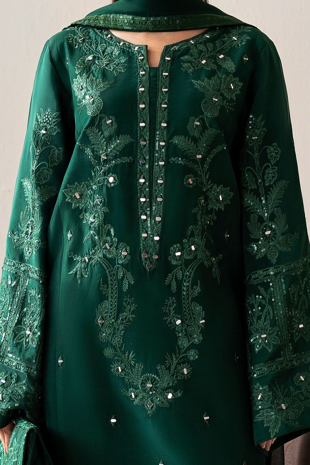 3pcs Vanya Green Dhanak embroidery