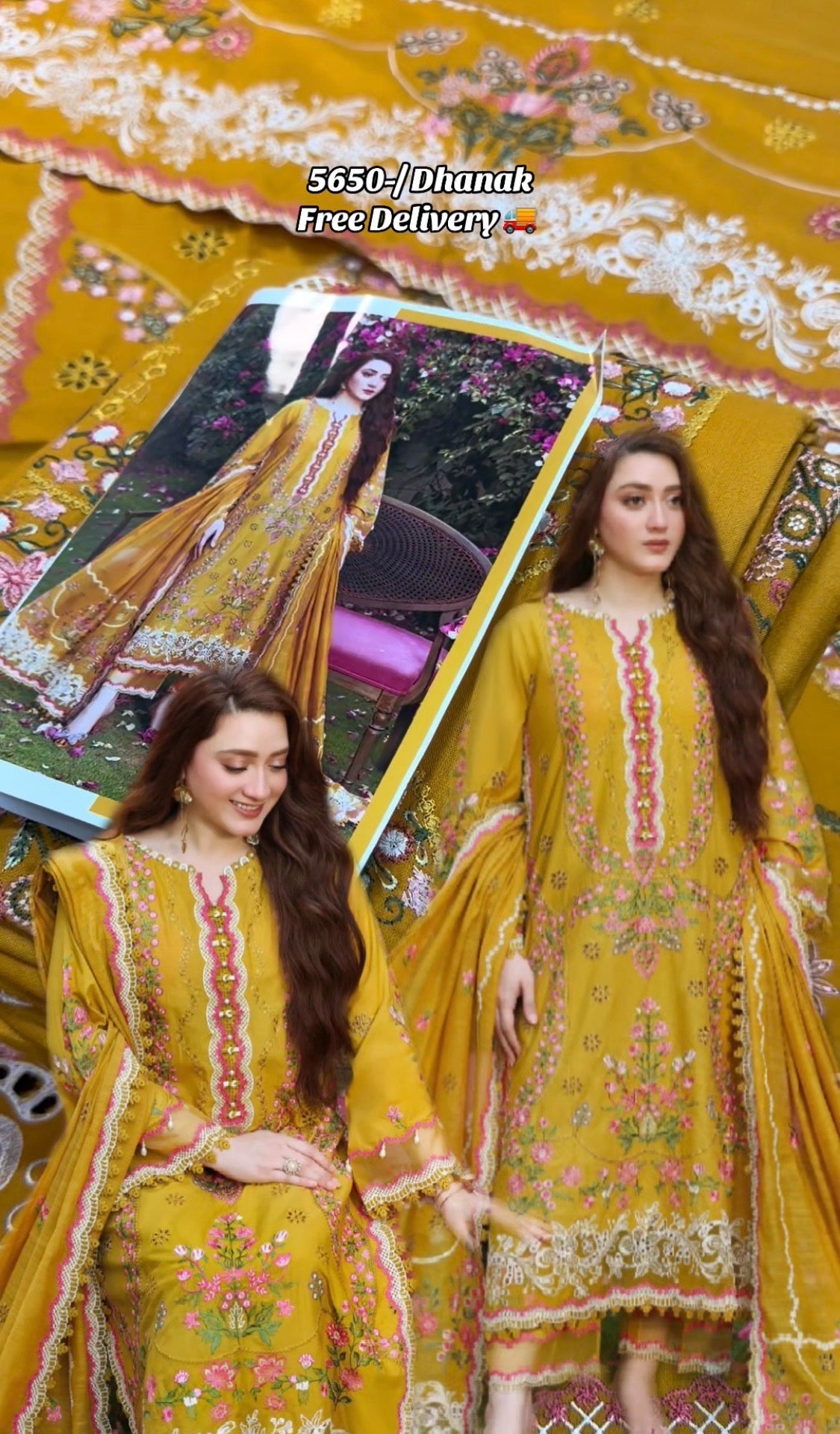 3pcs Aneelas Dhanak yellow Mustard Momina Iqbal