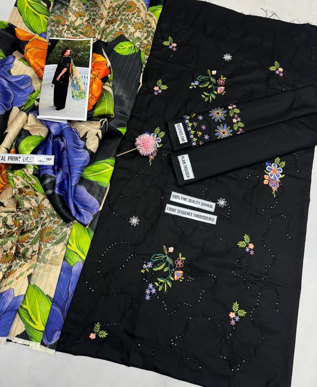 3pcs Black hania Dhanak Embroidered