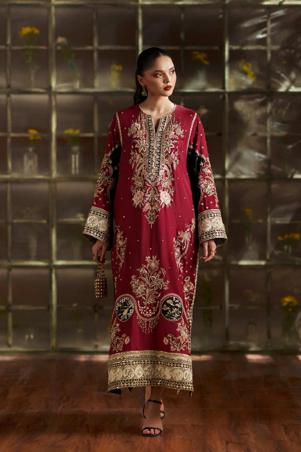 2pcs Red Black Ethnic Long Silk Kaftan