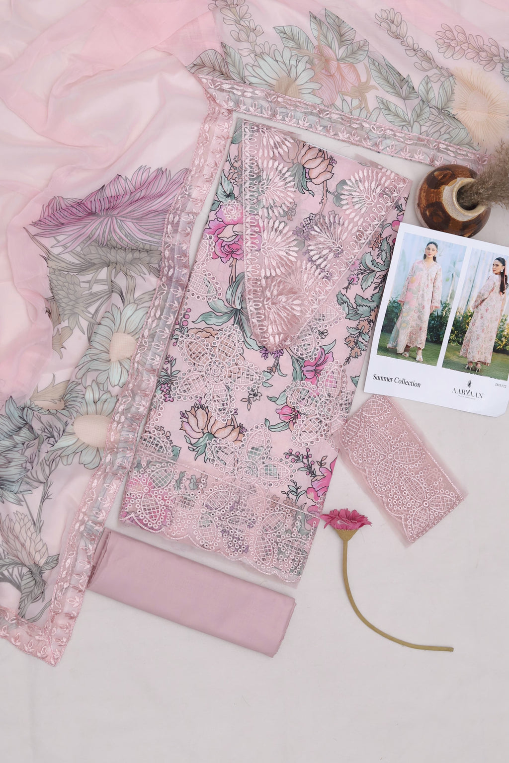 3pcs Cute Pink Emb lawn