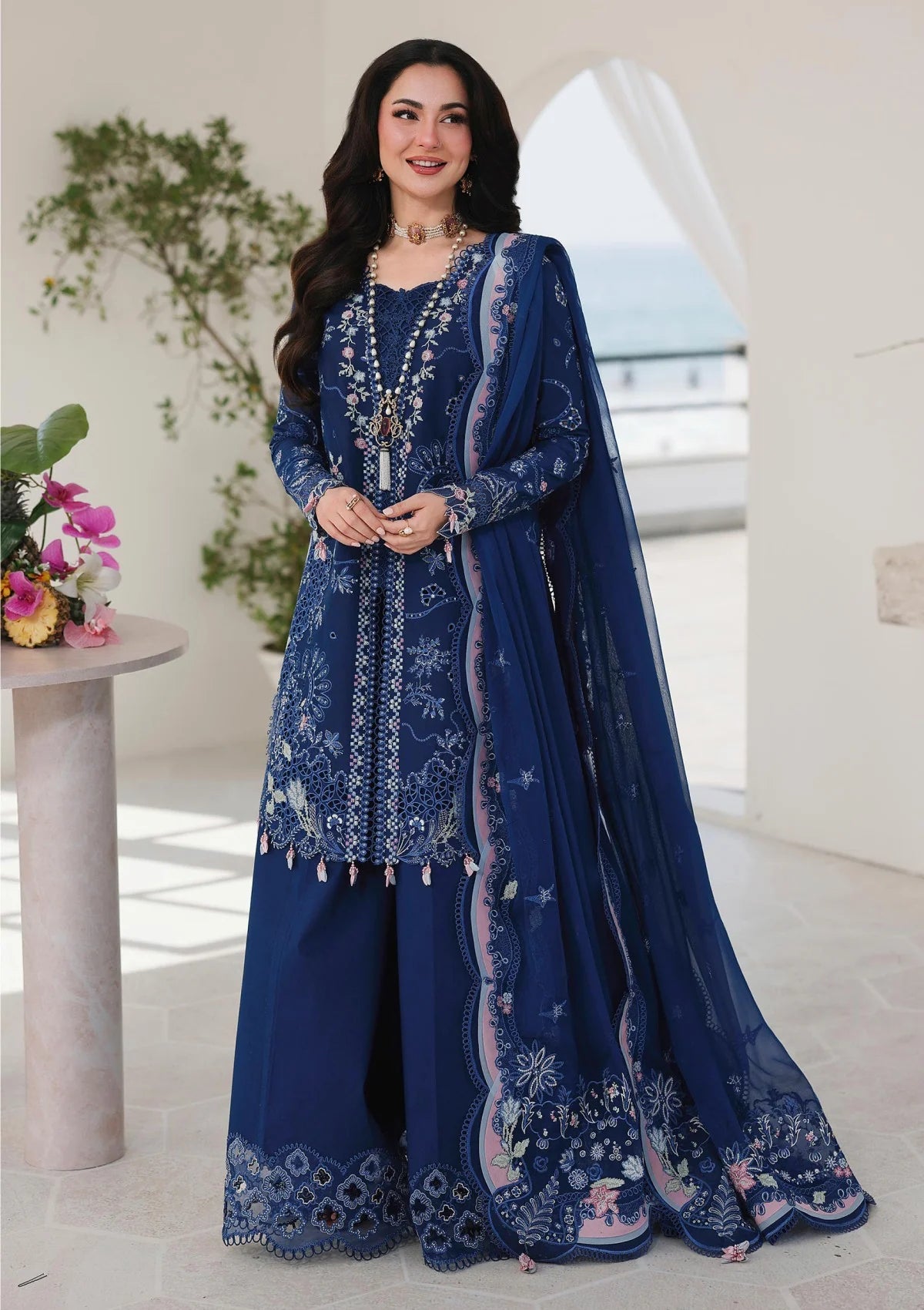 3pcs Qalamkar Blue Hania lawn