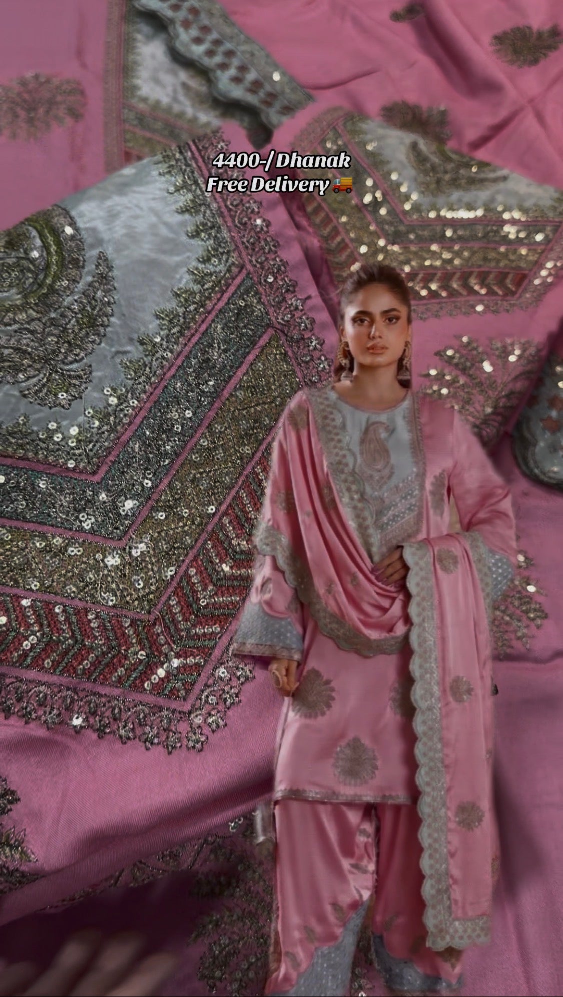 3pcs Ethnic Dhanak Pink Multi Embroidered