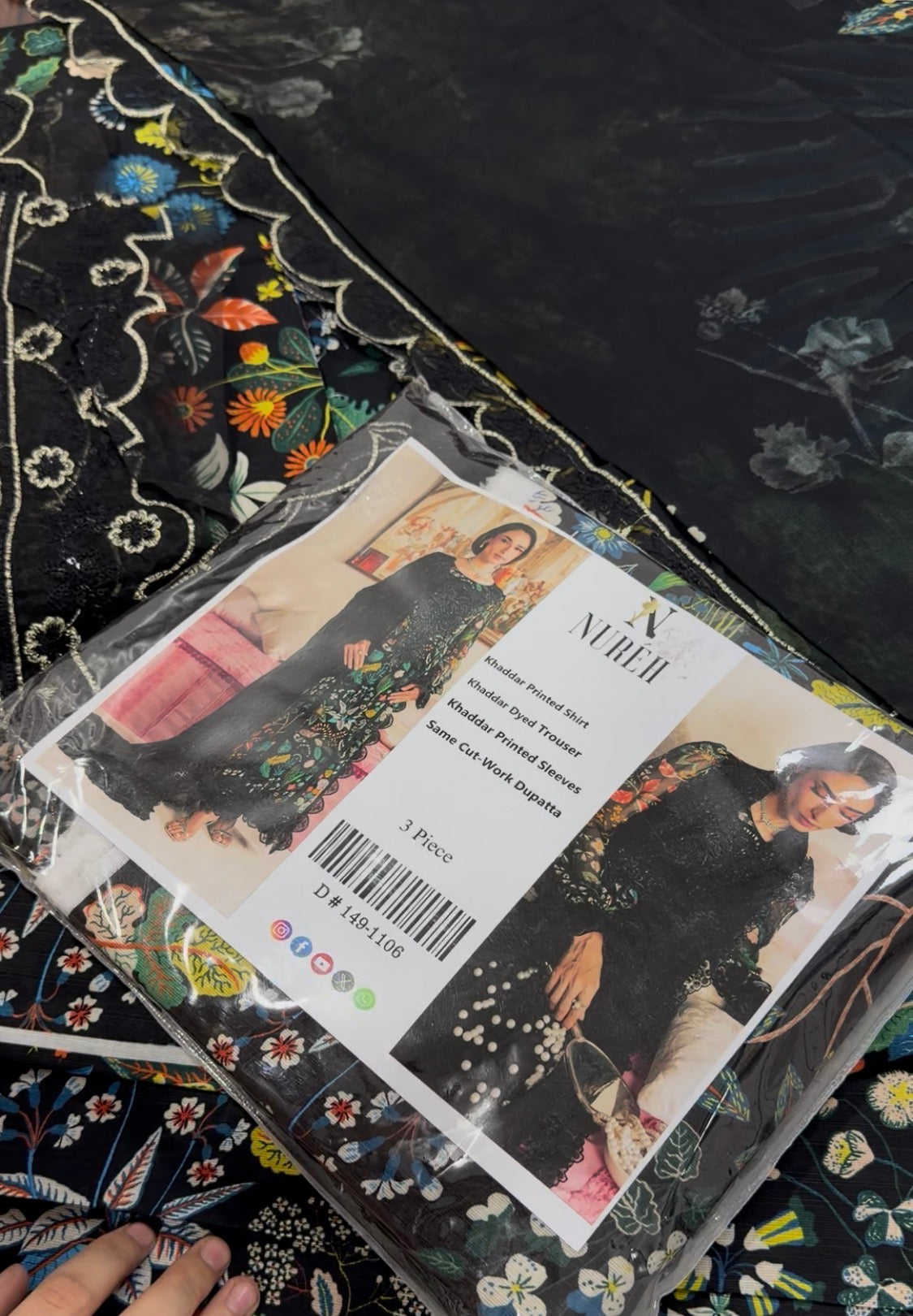 3pcs Nureh Black Multi Khaddar Print with patches