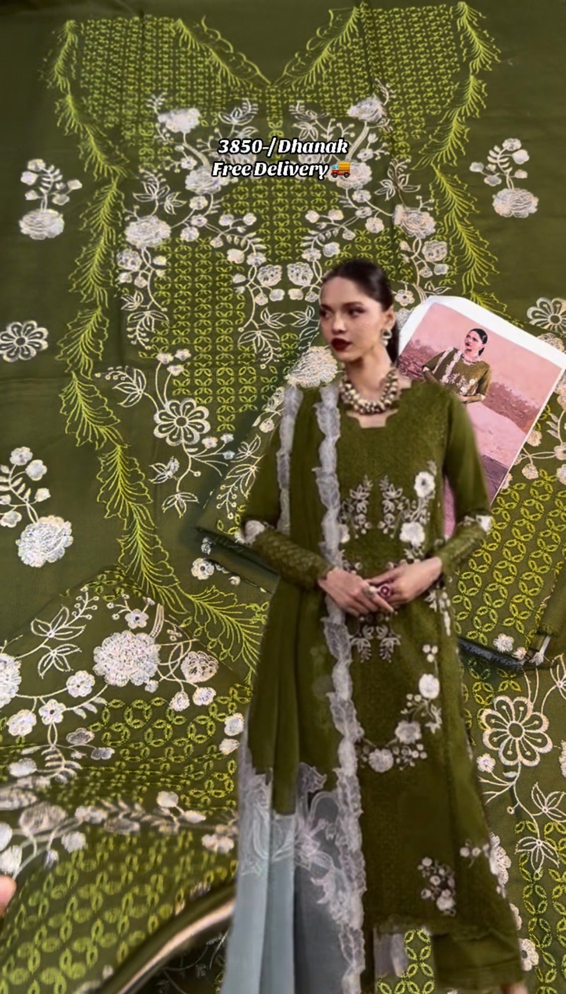 3pcs Dhanak Parrot Saira Shakira Embroidered