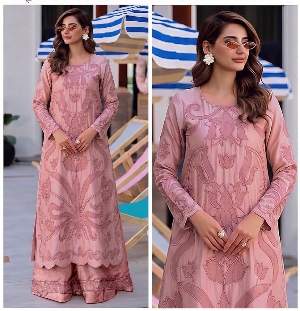 2pcs Rose Pink Agha Noor Silk Laser Cutwork