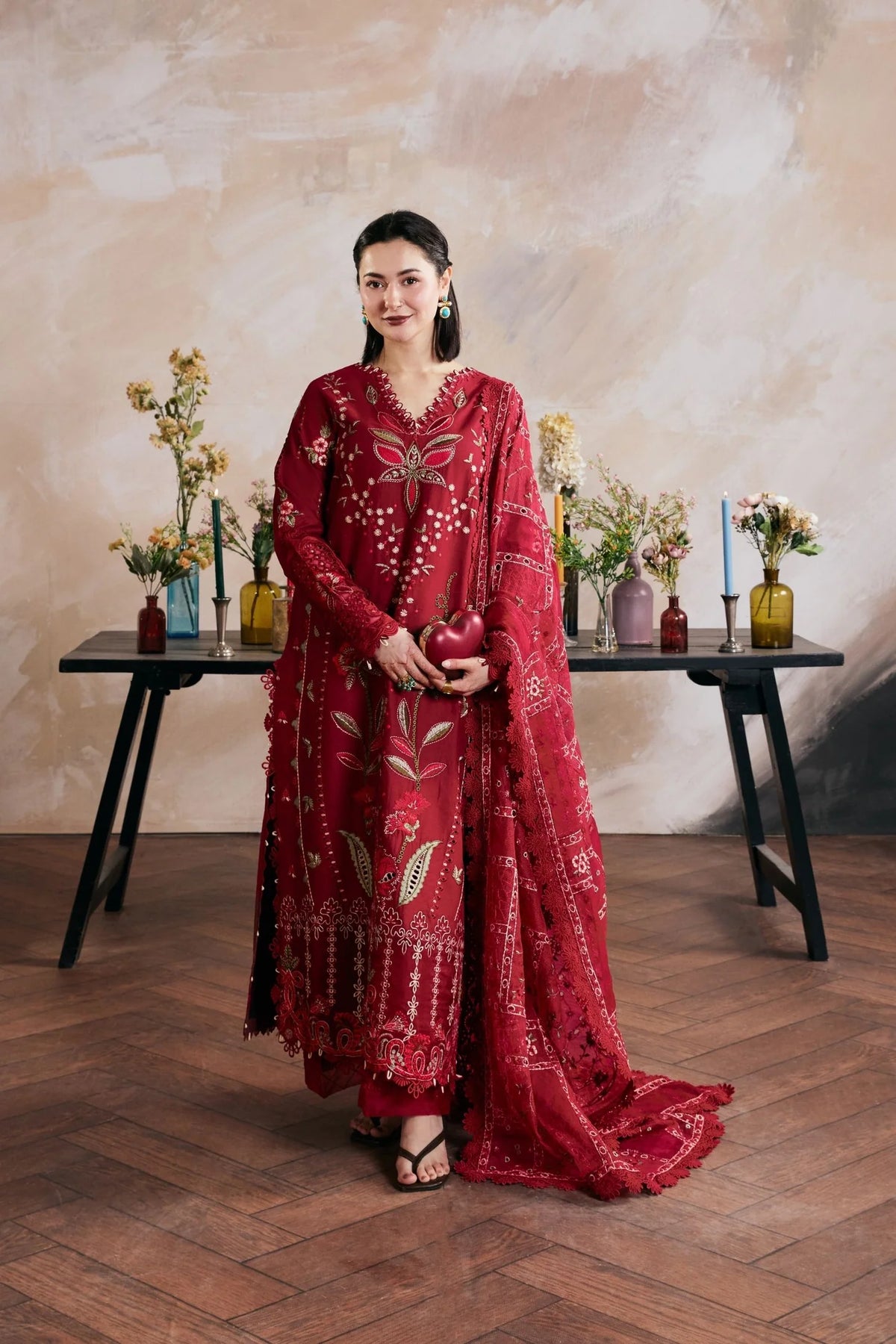3pcs Red Maryum Hussain Dhanak Embroidered