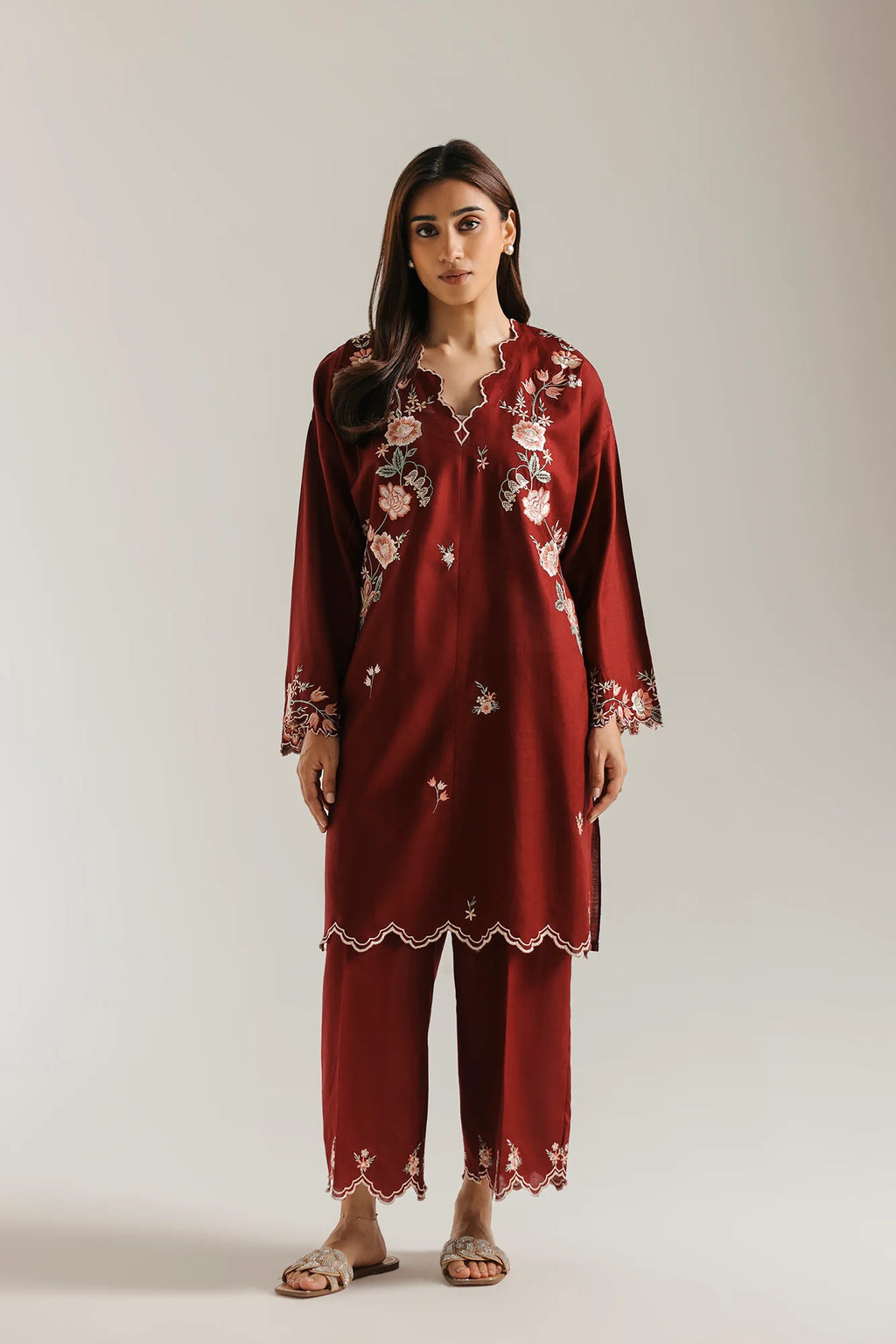 2pcs Dhanak Ethnic Mehroon Neck Embroidered