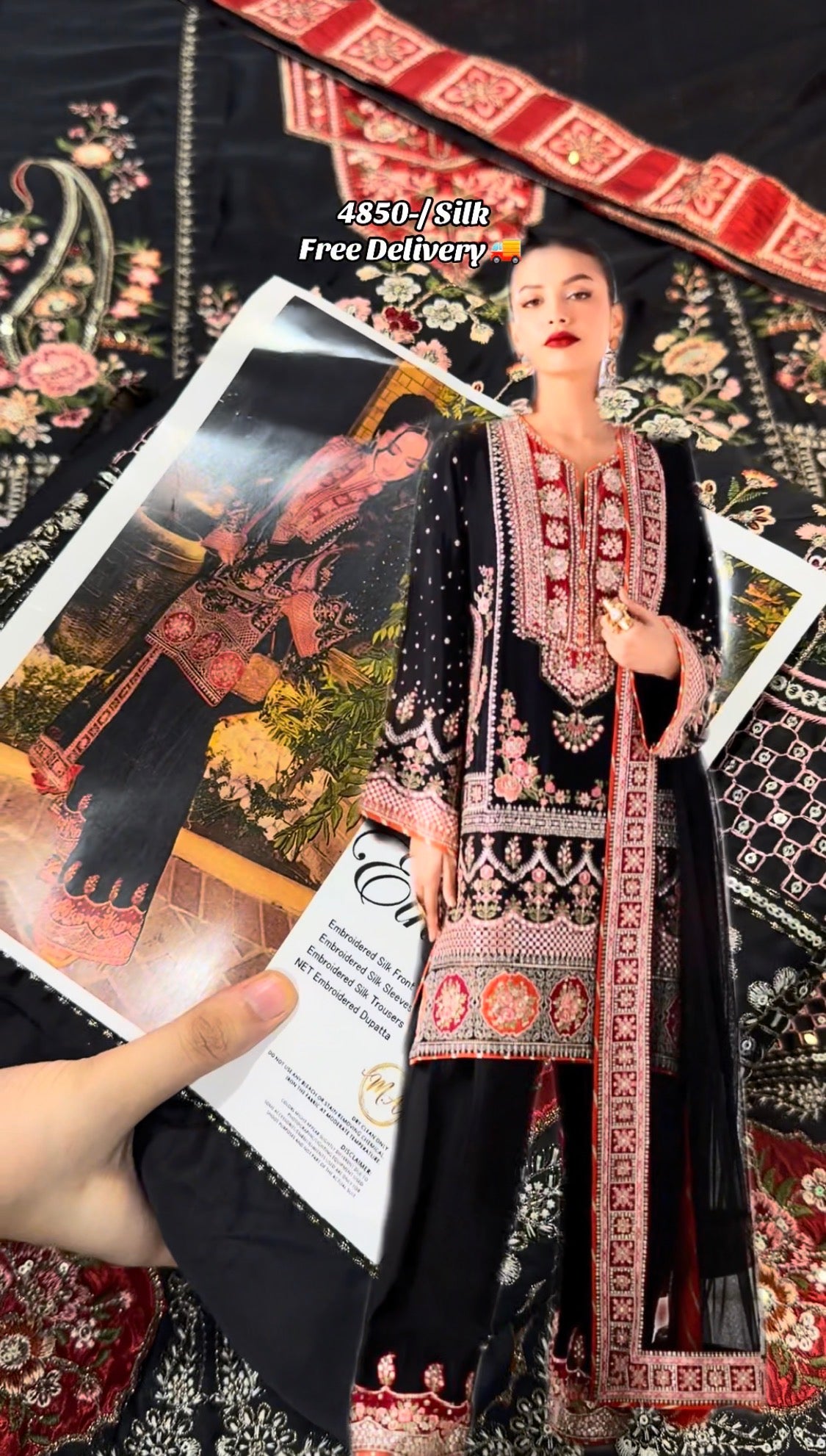 3pcs Ethnic Black Mehroon  Tulsi Embroidered