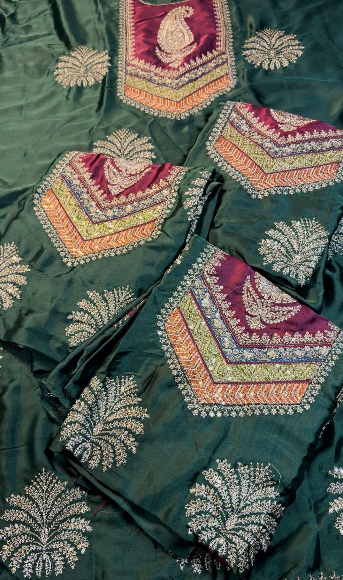 2pcs Ethnic Green Multi Embroidered Silk