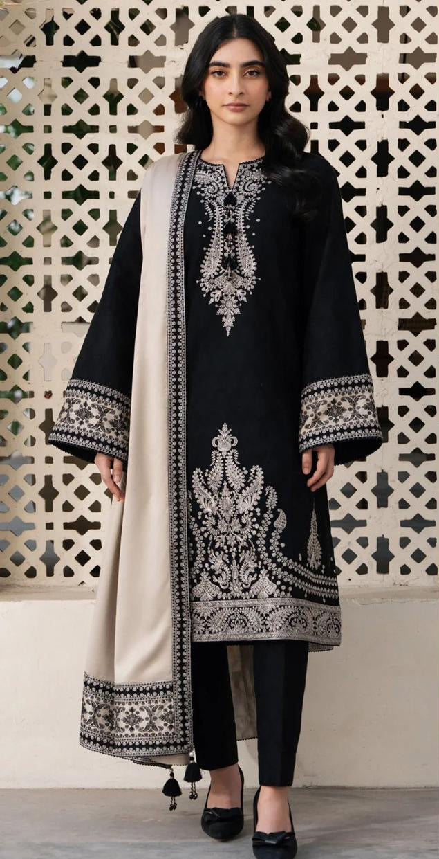 3pcs Laam Black Embroidered Dhanak