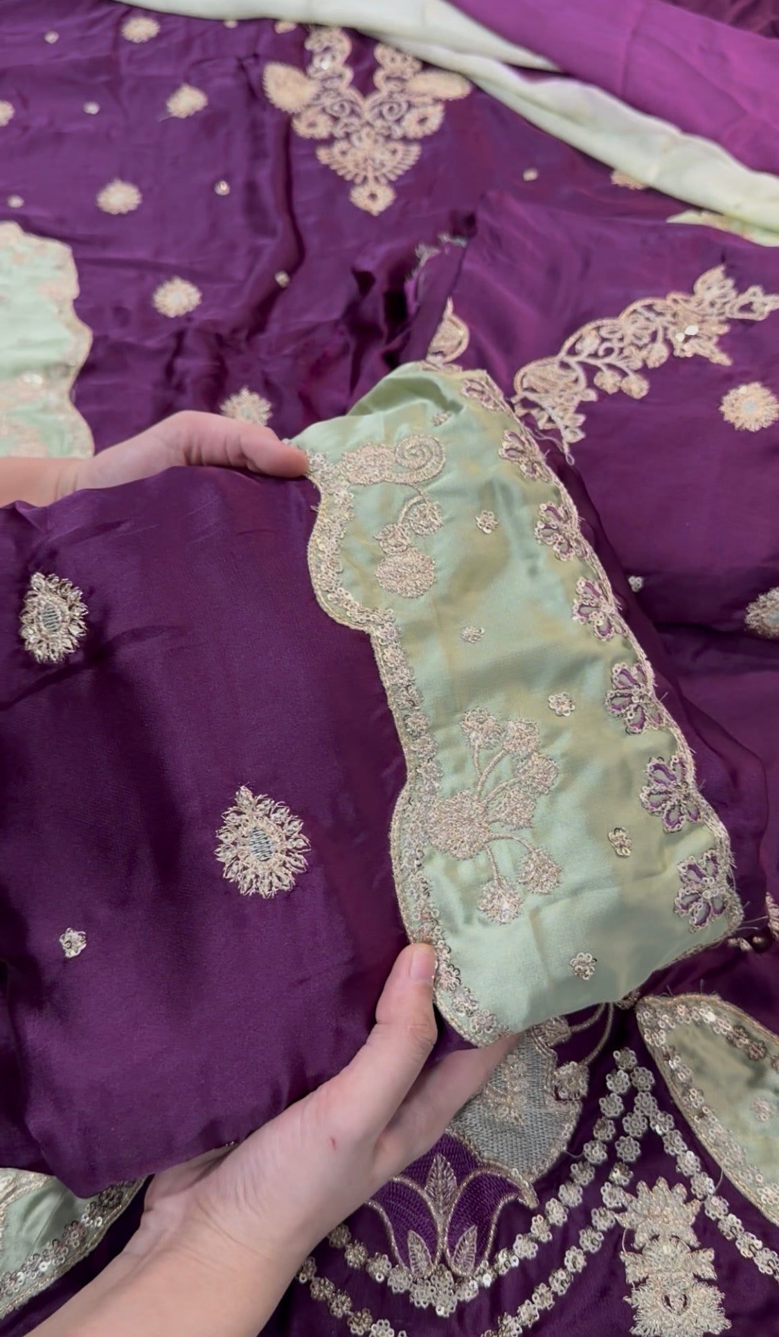 3pcs Ethnic Plum Pista Embroidered Silk