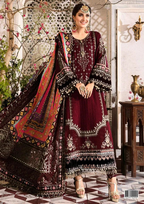3pcs Maria B Mehroon Fancy Dhanak Embroidered