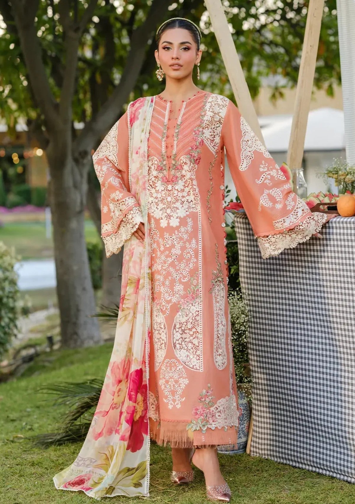 3pcs Elaf Peach Emb lawn with silk dupata