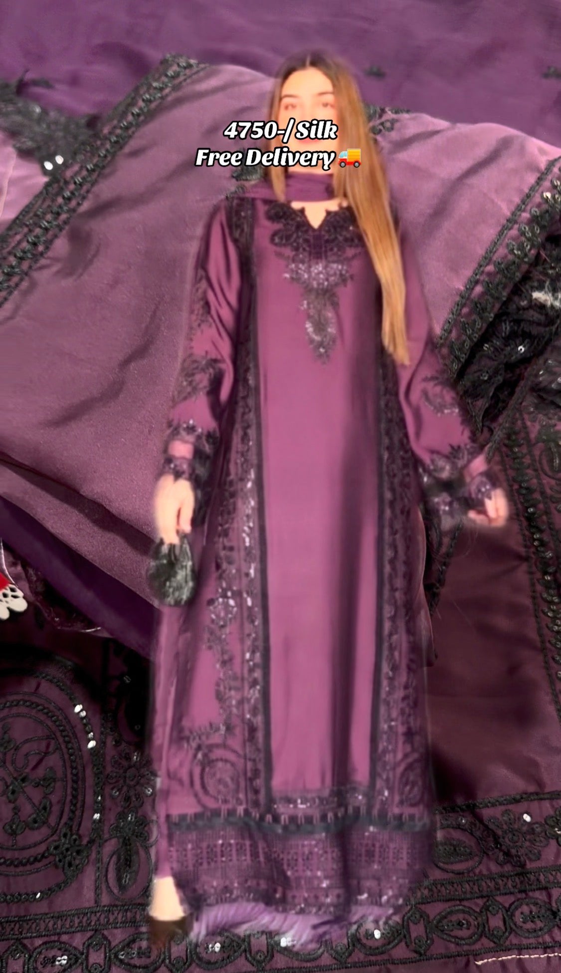 3pcs Silk Purple Black Zara Shehryar Embroidered