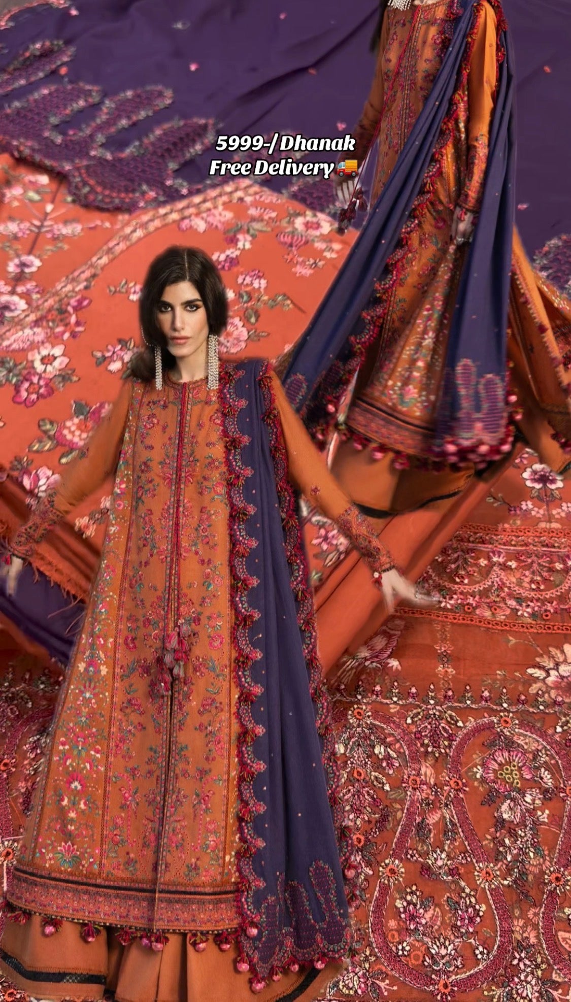 3pcs Dhanak Hussain Rehar Mustard Purple