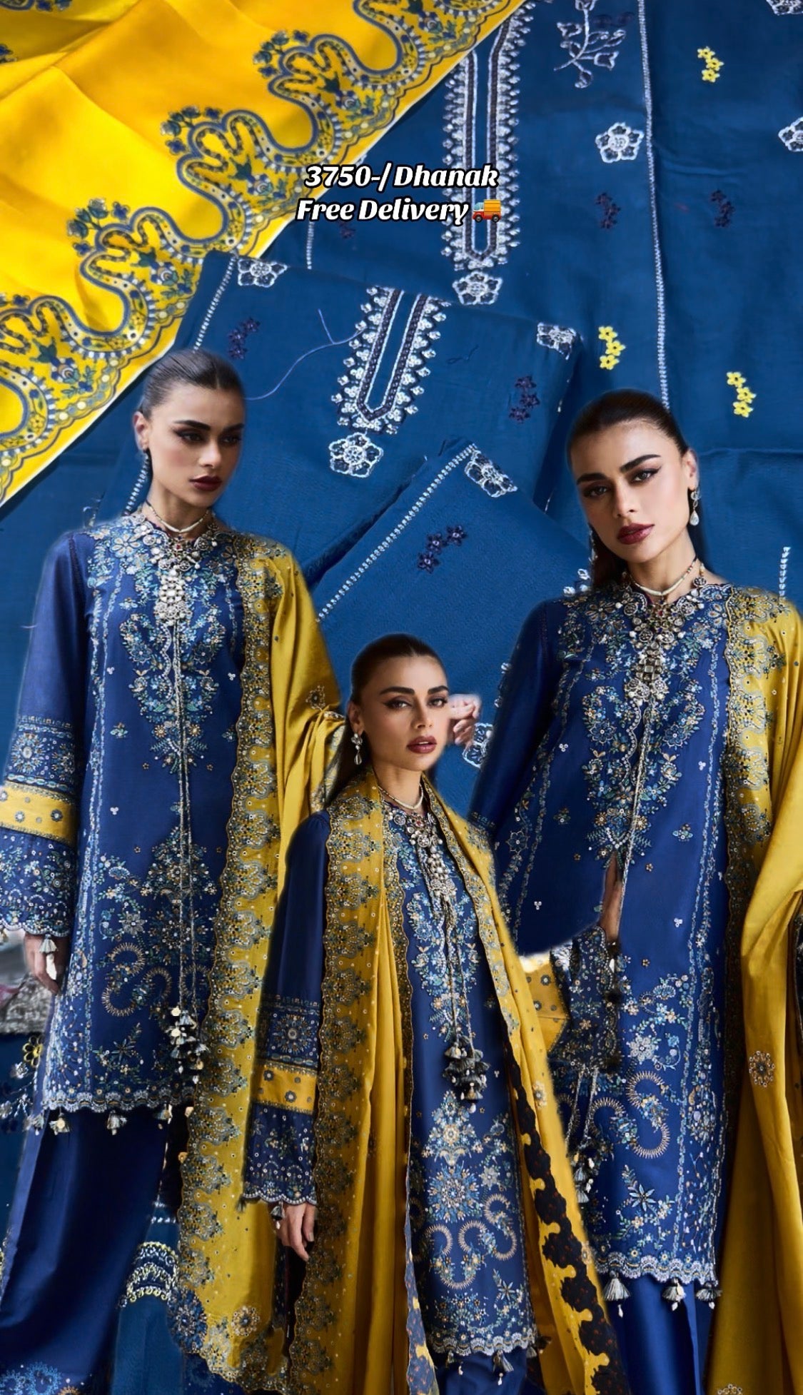 3pcs HussainRehar Blue Yellow Embroidered Dhanak