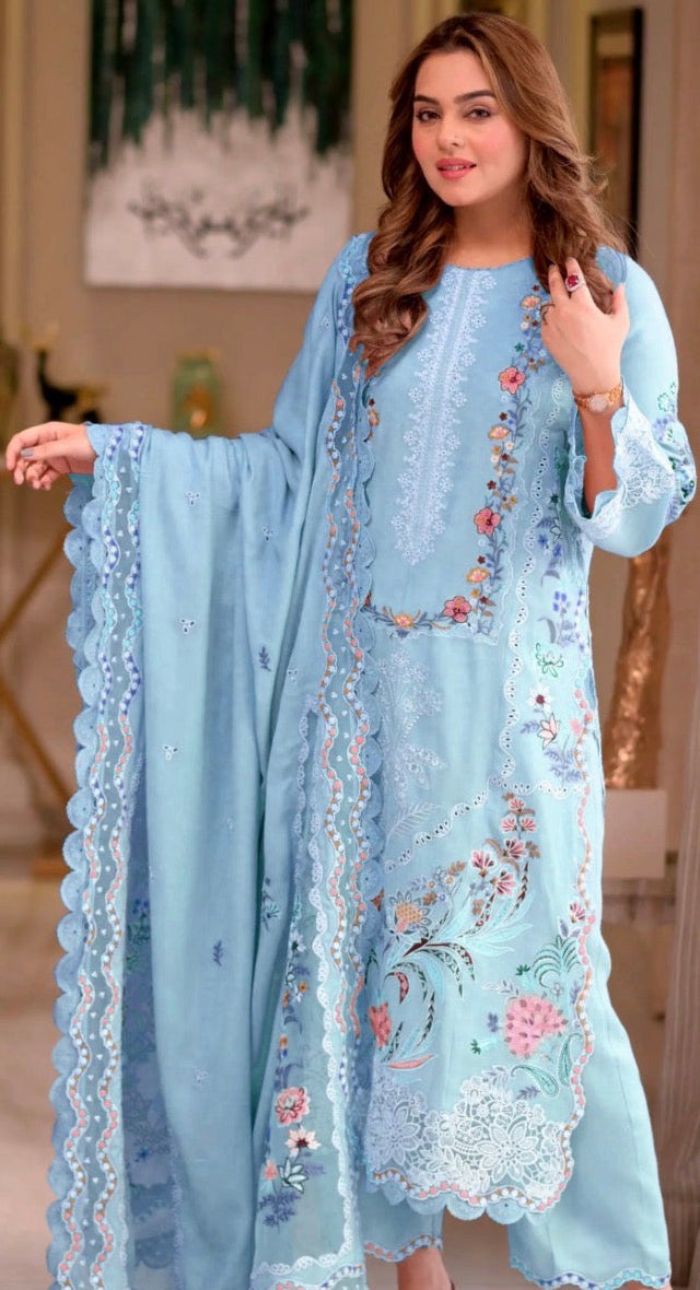 3pcs Aneelas ice blue lawn emb