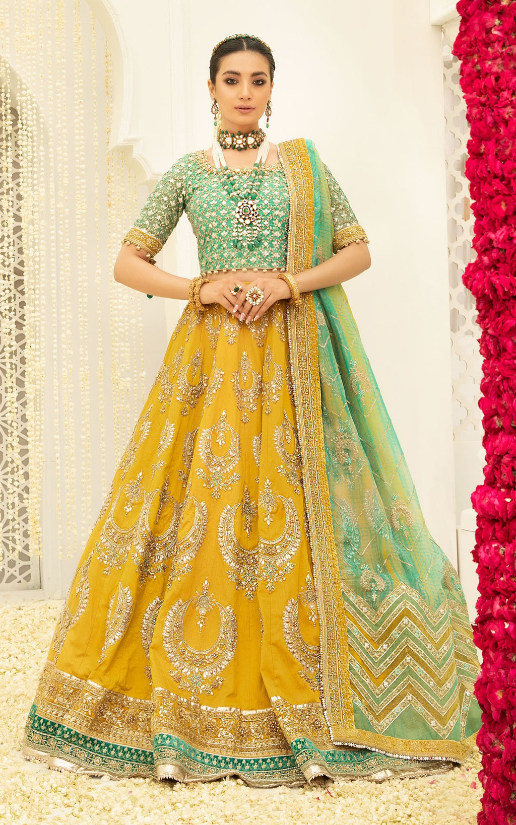 3pcs kattan Silk Maria B Lehnga Maxi Mustard Yellow + Pistachio