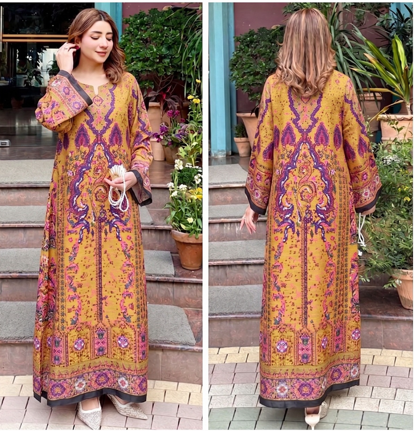 2pcs Mustard Yellow Printed Silk Kaftan