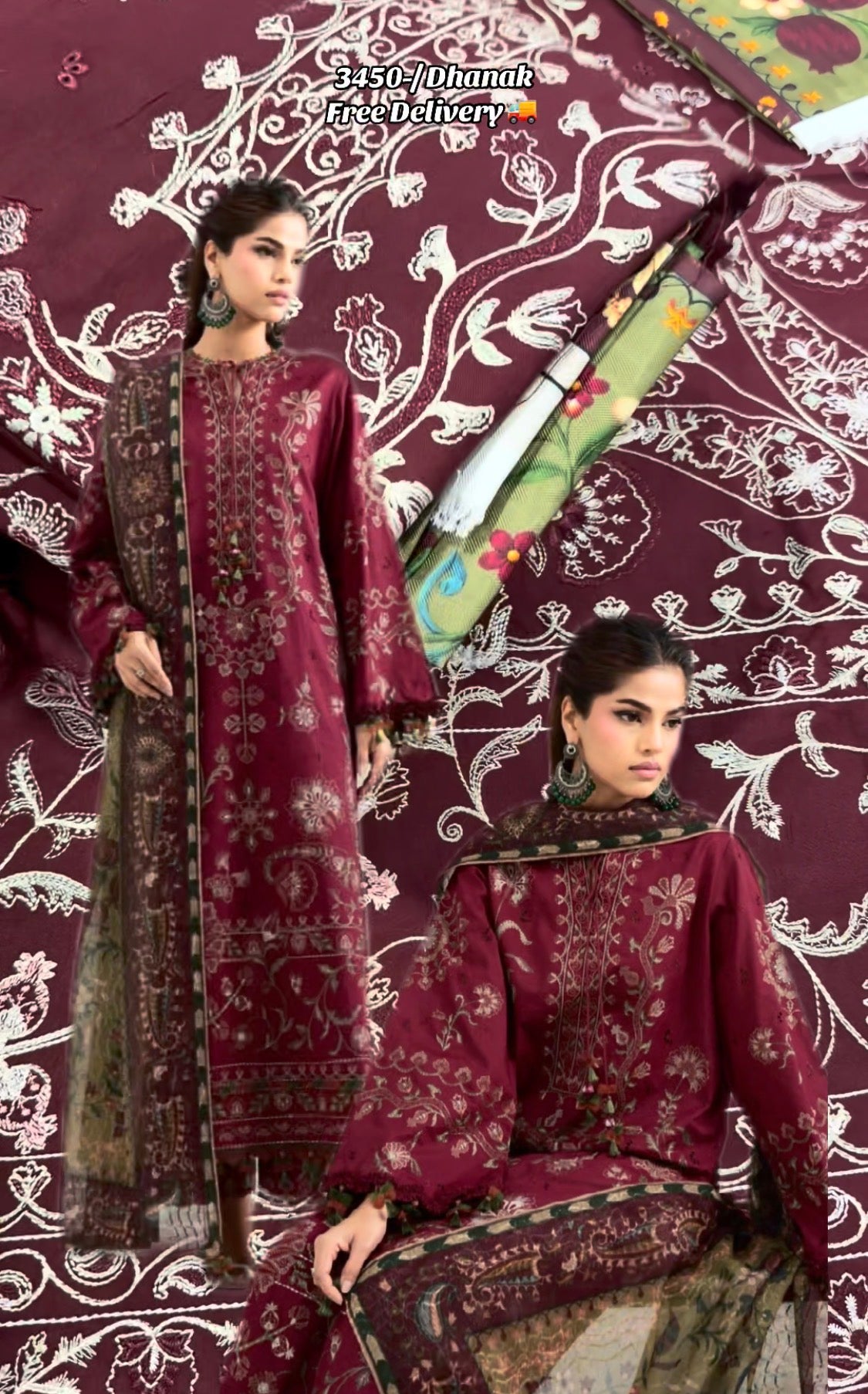 3pcs Sapphire Dhanak Deep Mehroon Embroidered