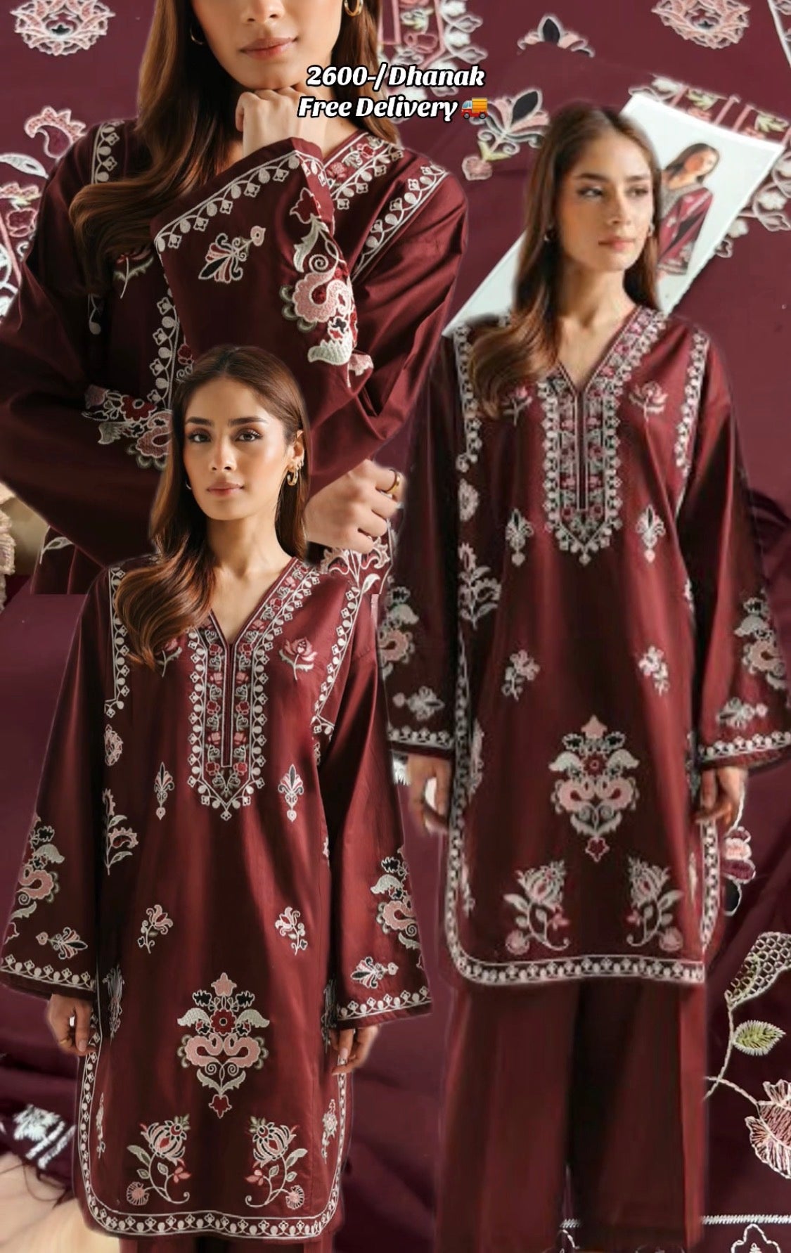 2pcs Ethnic Deep Mehroon Embroidered Dhanak