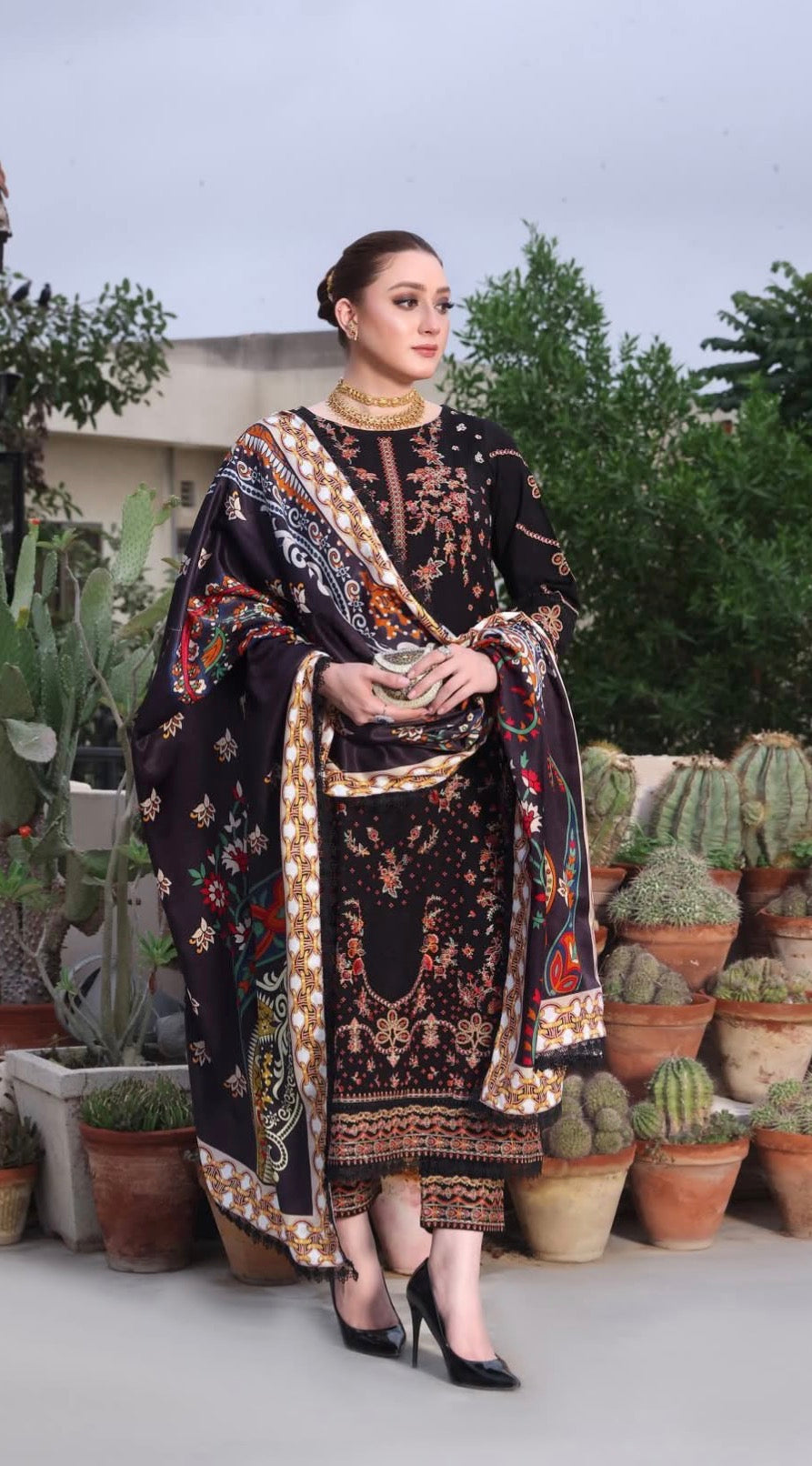 3pcs Dhanak Aneelas Collection Black with multi embroidered