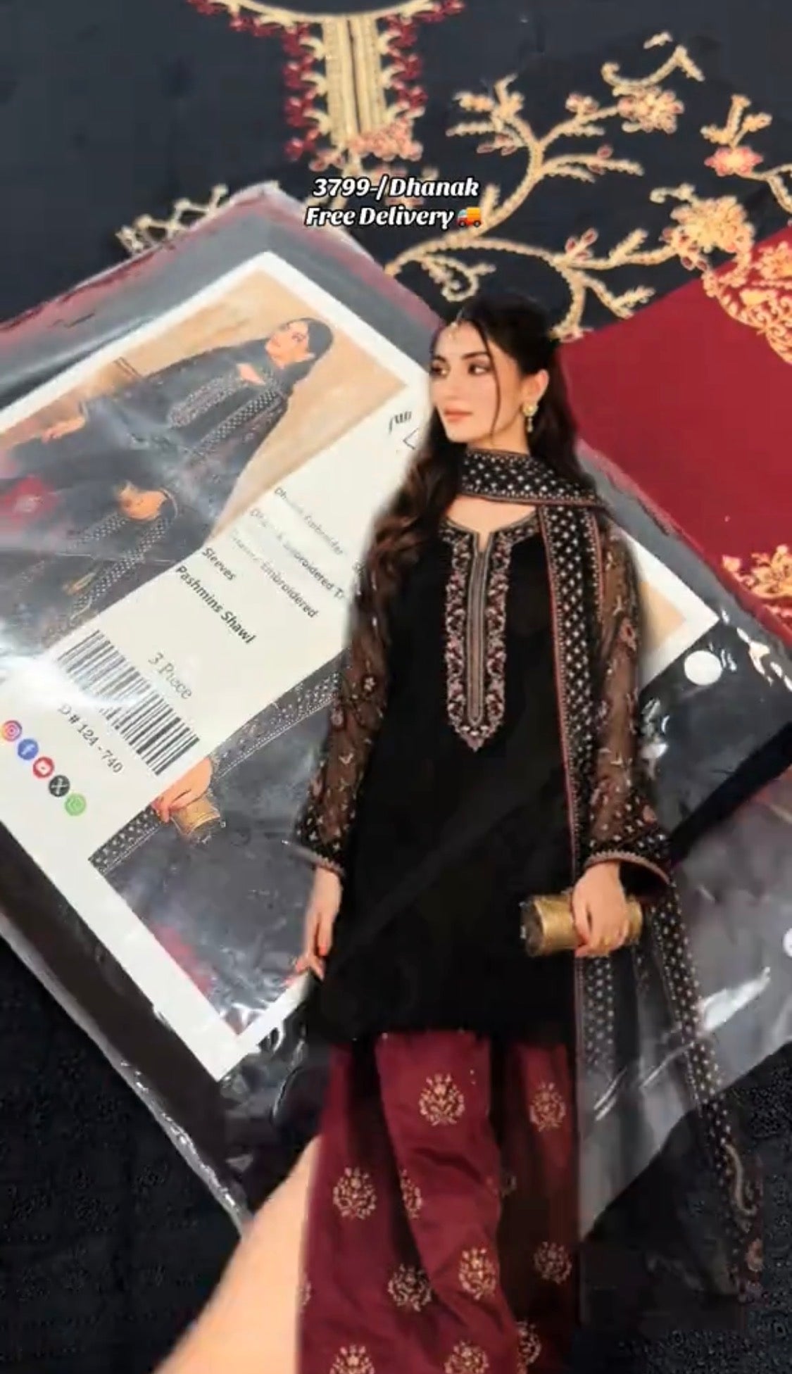 3pcs Laam Black Mehroon Embroidered Dhanak