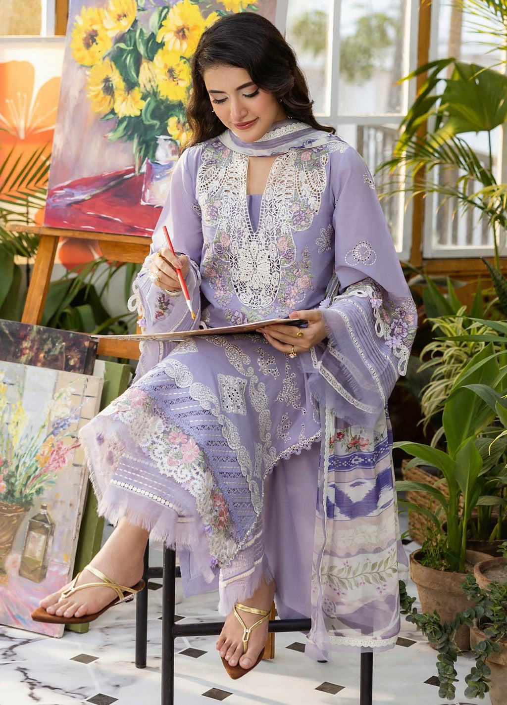 3pcs Lilac Elaf Chair Chiffon dupata fabric lawn