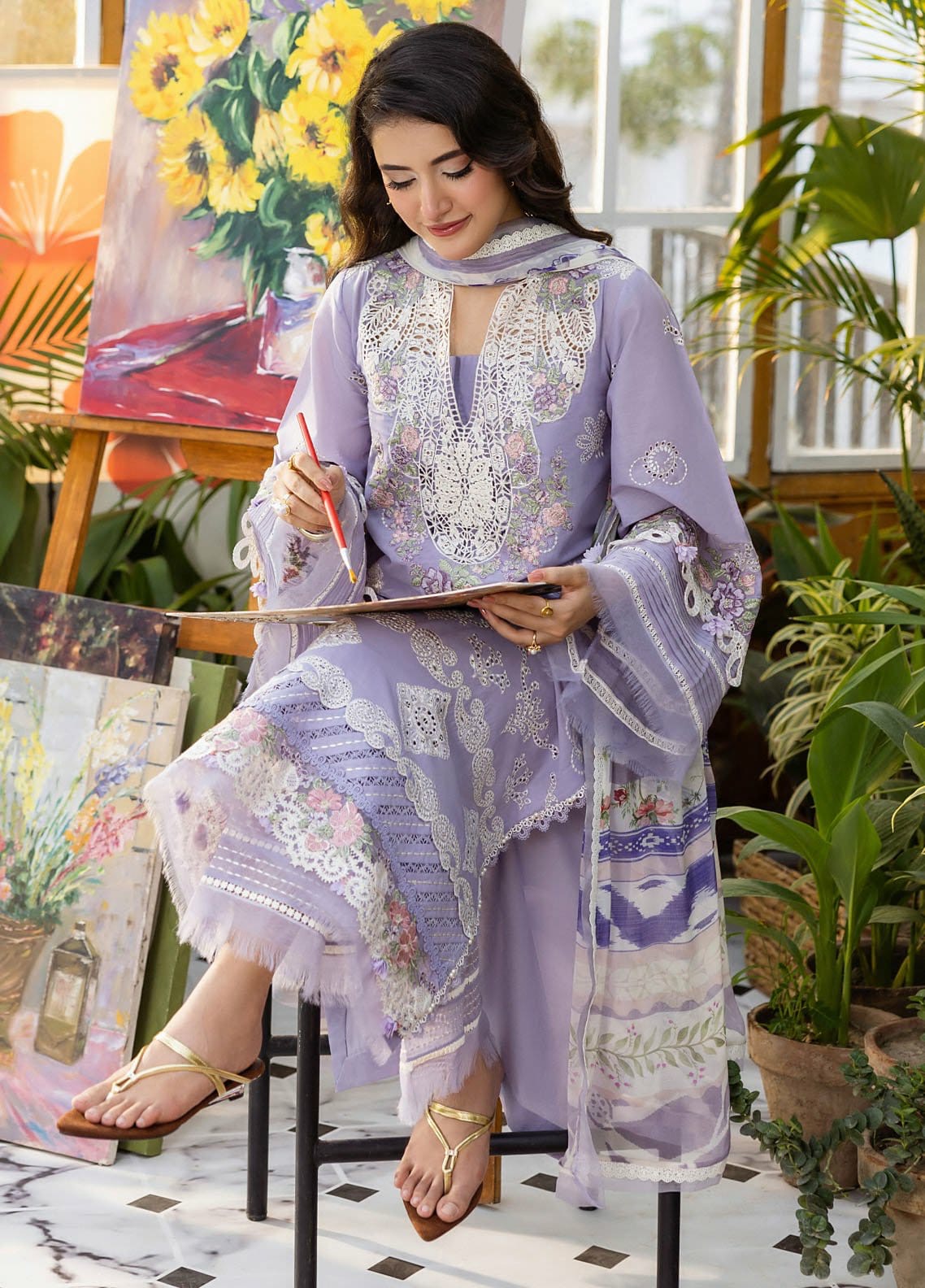 3pcs Lilac Elaf Chair Chiffon dupata fabric lawn