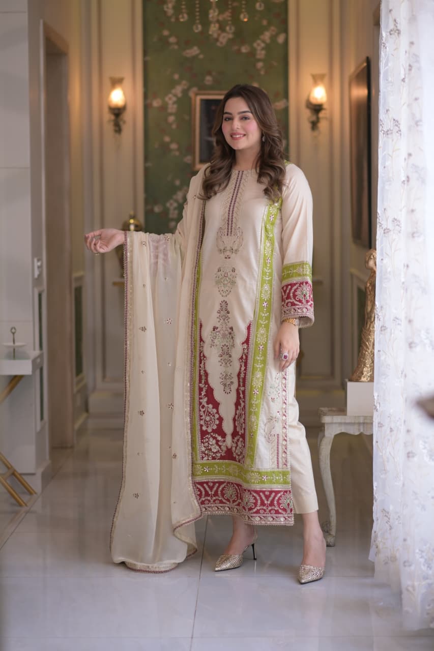 3pcs Dhanak Aneelas Skin Parrot Mehroon viral Embroidered