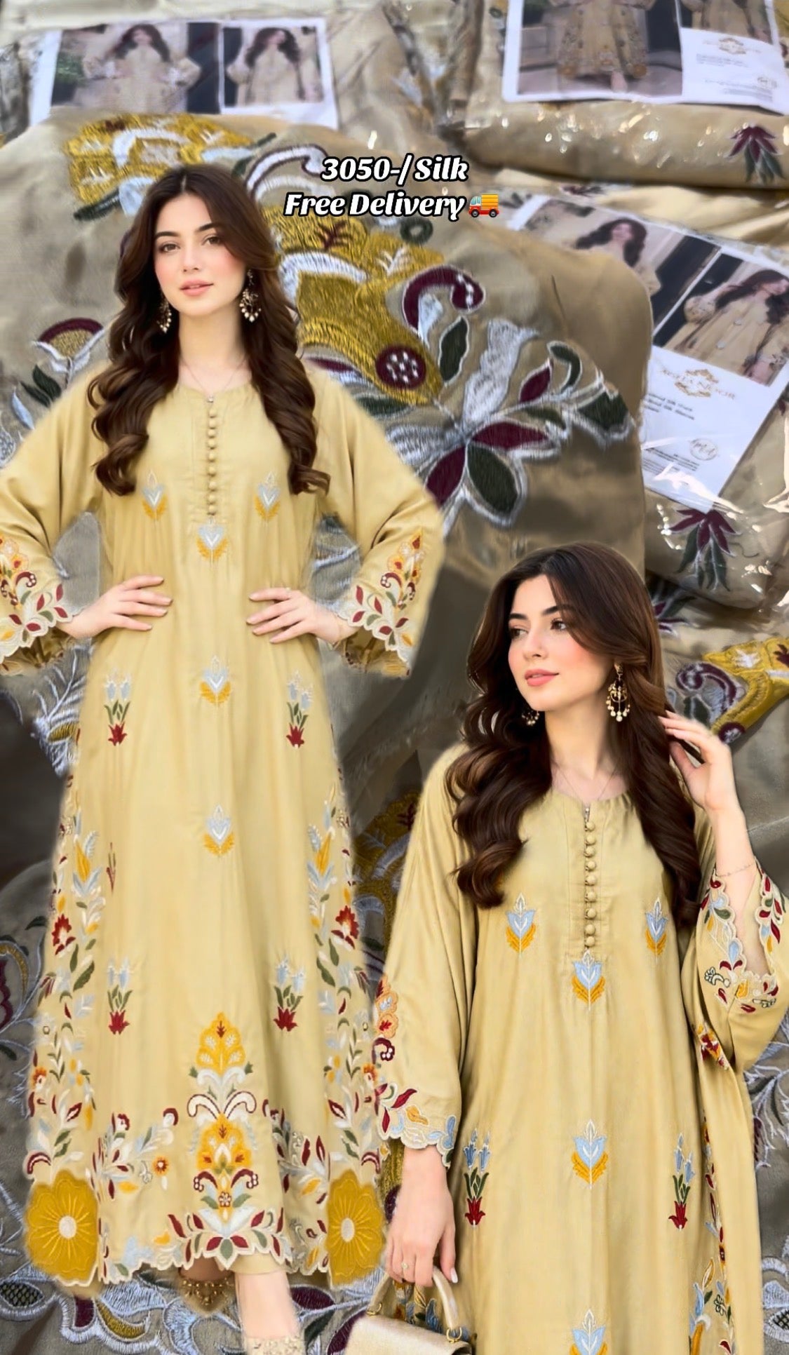 2pcs Silk Lime Yellow Agha Noor Embroidered Kaftan