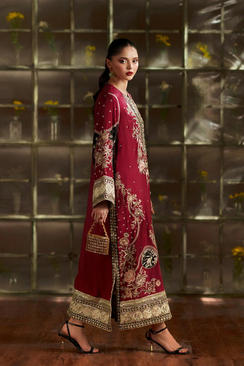 2pcs Red Black Ethnic Long Silk Kaftan