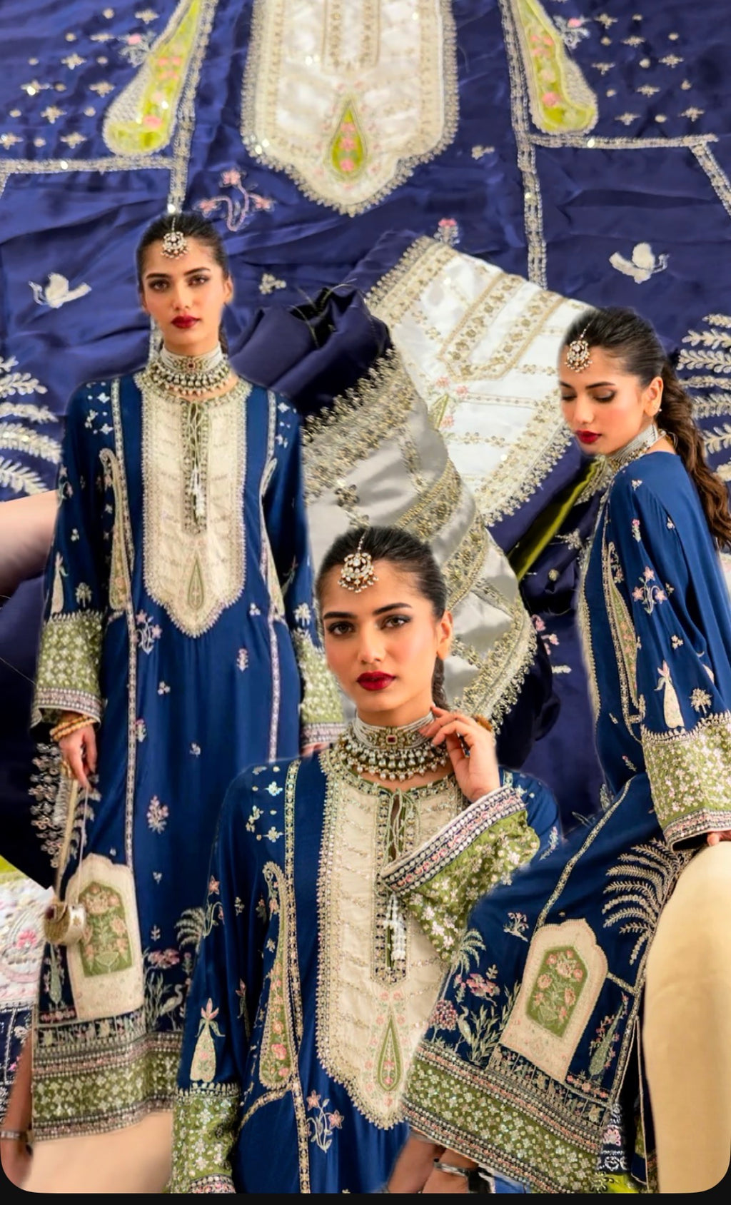 2pcs Royal Blue Applic Emb Kaftan Silk